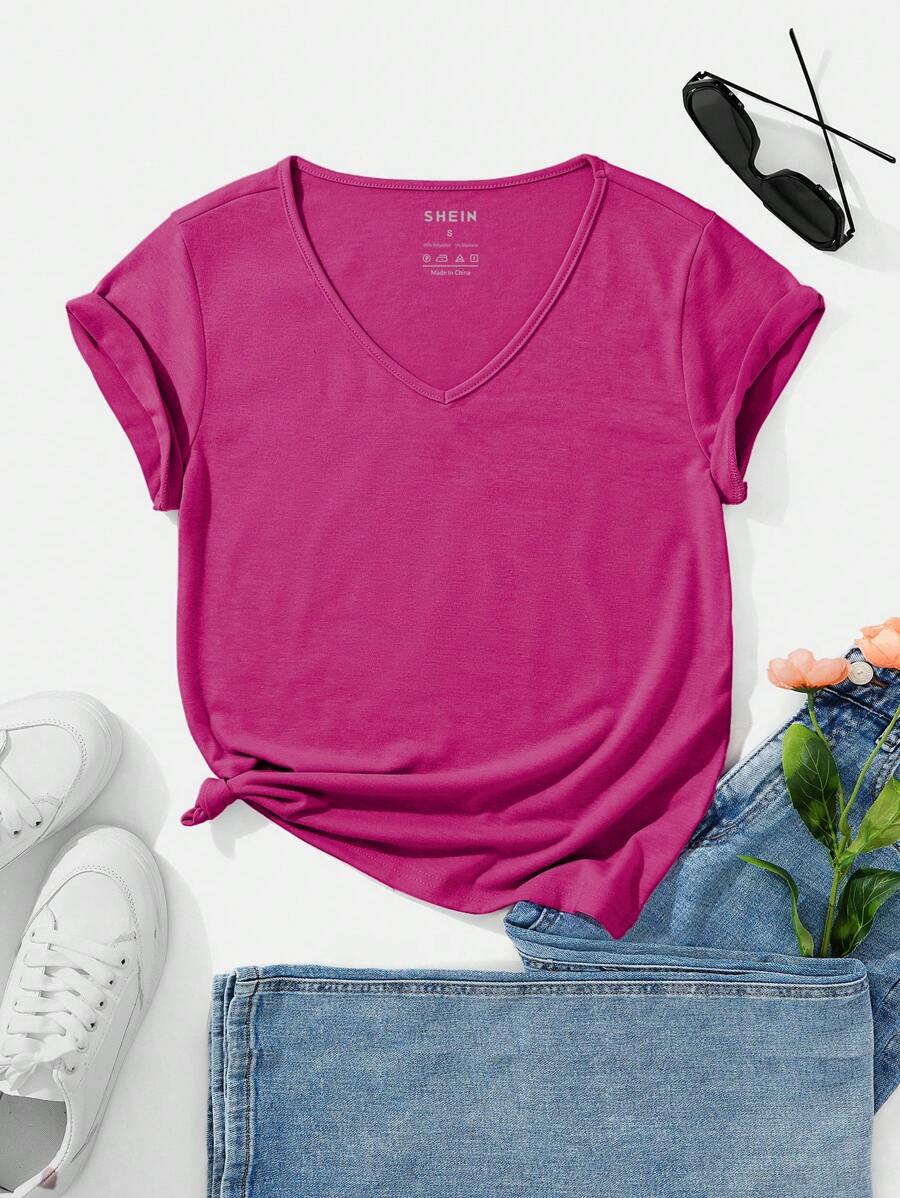 INAWLY Solid V Neck Tee - Red Violet - View 1