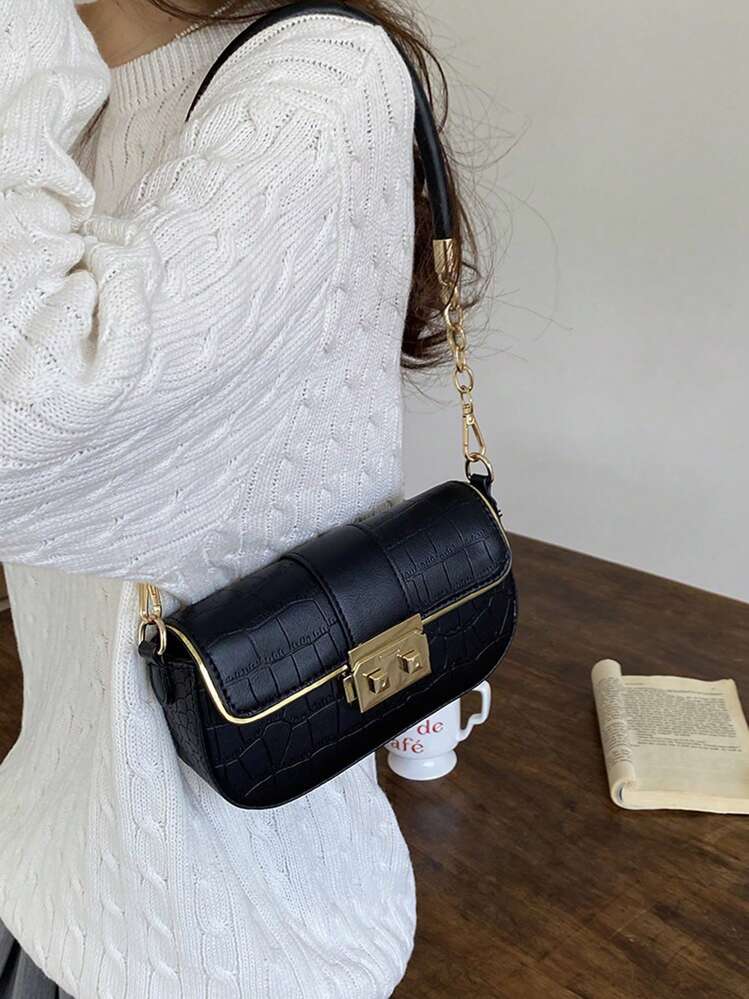 Small Shoulder Bag Crocodile Embossed Flap - Black - View 1