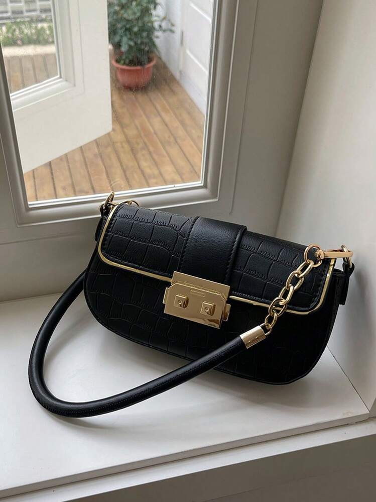 Small Shoulder Bag Crocodile Embossed Flap - Black - View 2