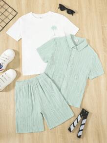 SHEIN 男孩熱帶圖案襯衫和短褲和T恤 - 彩色 - 查看 1