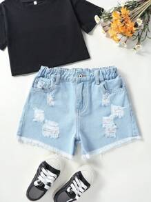 Chicas Shorts mezclilla desgarro bajo crudo - Lavado ligero - Ver 1