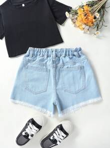 Chicas Shorts mezclilla desgarro bajo crudo - Lavado ligero - Ver 2