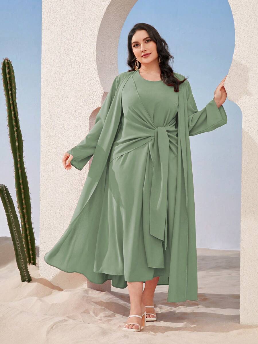 Mulvari Plus Solid Dress & Open Front Coat - Mint Green - View 1