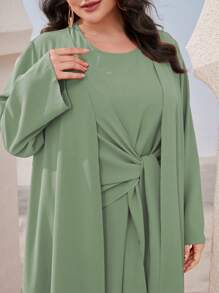 Mulvari Plus Solid Dress & Open Front Coat - Mint Green - View 3