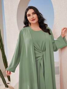 Mulvari Plus Solid Dress & Open Front Coat - Mint Green - View 5