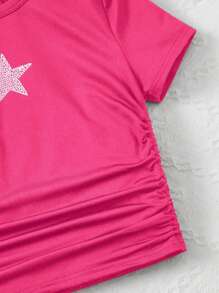 SHEIN Sol原色圓領少女T卹，附星星印花和荷葉邊設計