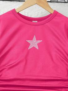 SHEIN Sol原色圓領少女T卹，附星星印花和荷葉邊設計