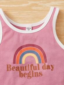 SHEIN 女孩標語圖案撞色滾邊背心上衣和前繫帶短褲 - 藕粉色 - 查看 3