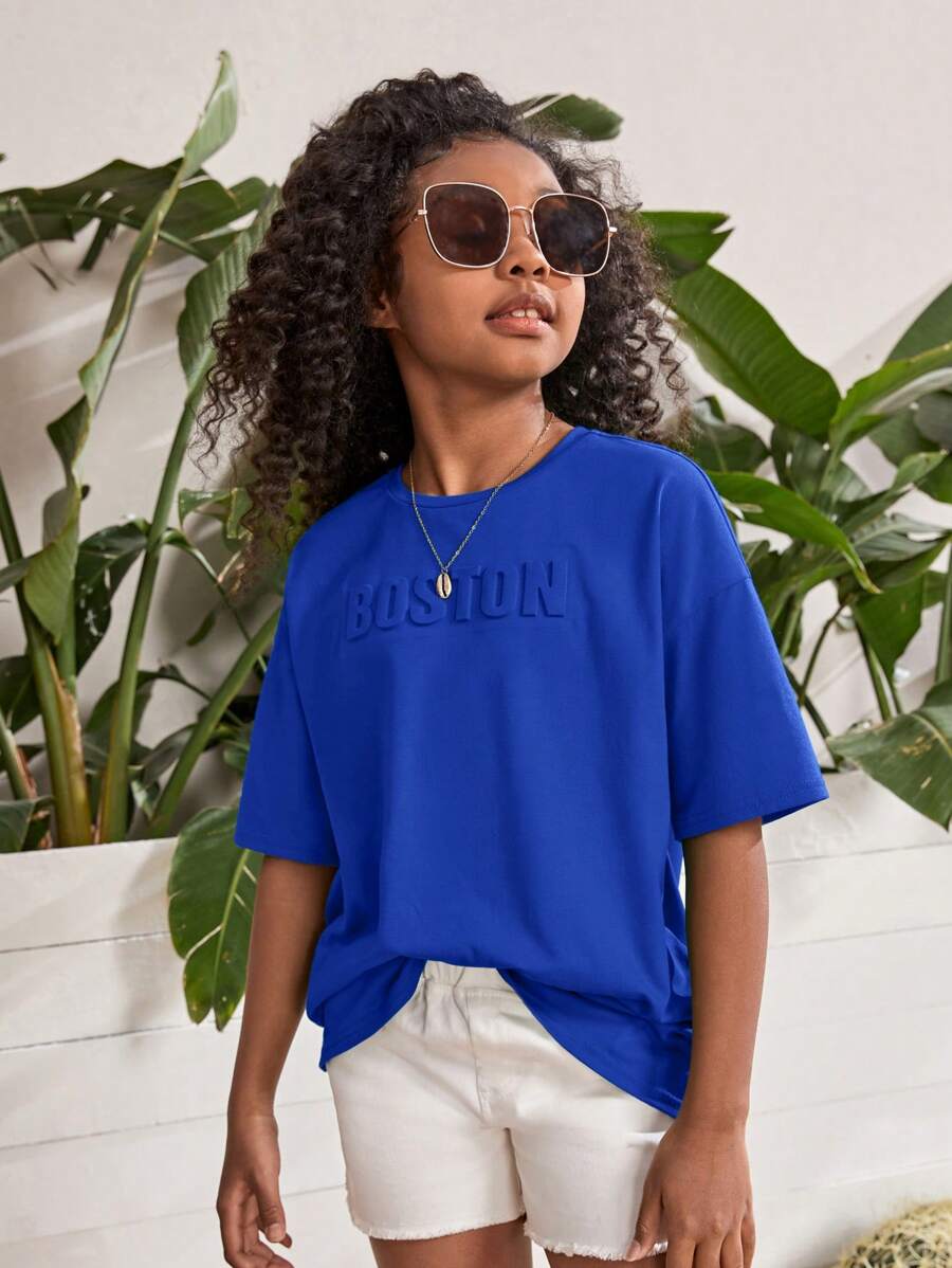 SHEIN Áo thun trễ vai cổ tròn kiểu dáng rộng rãi cho nữ Tween Girl - Màu xanh lam - Xem 1