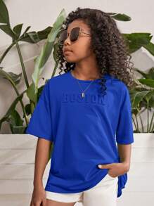 SHEIN Áo thun trễ vai cổ tròn kiểu dáng rộng rãi cho nữ Tween Girl - Màu xanh lam - Xem 4