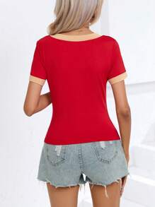 SHEIN Unity Áo thun nữ Túi Tương phản ràng buộc Khối Màu Giải trí - Đỏ - Xem 2