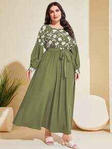 Mulvari Vestido largo con estampado floral, mangas farol y cinturón - Conjunto de mujer de talla grande - Verde - Ver 6
