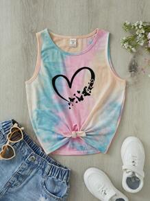 SHEIN Leap Crew 女孩紮染愛心圖案下擺打結背心上衣 - 彩色 - 查看 1