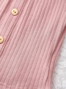 SHEIN 小女童一字肩褶邊前紐扣T恤 - 藕粉色 - 查看 3