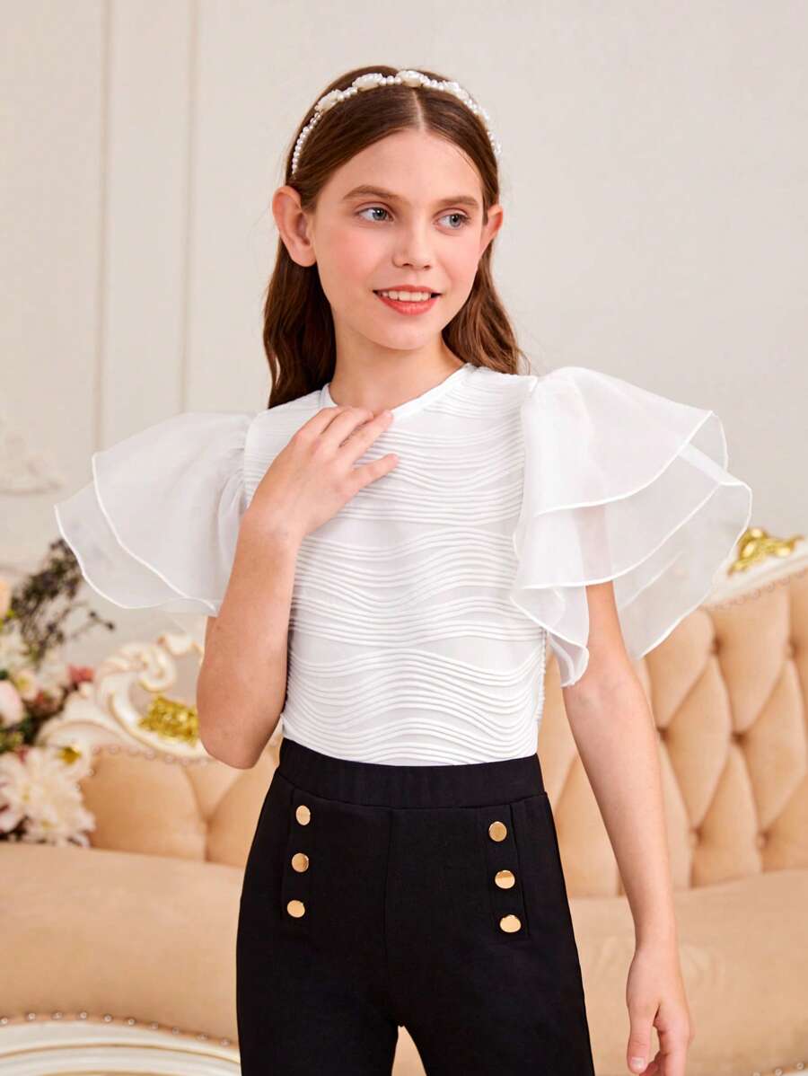 SHEIN Tops con gái Nút phân lớp Ruffle phóng đại Textured màu trơn Dễ thương - trắng - Xem 1