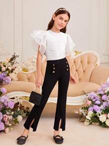 SHEIN Tops con gái Nút phân lớp Ruffle phóng đại Textured màu trơn Dễ thương - trắng - Xem 5
