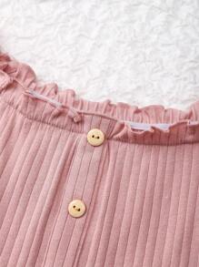 SHEIN 小女童一字肩褶邊前紐扣T恤 - 藕粉色 - 查看 5