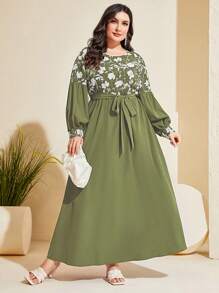 Mulvari Vestido largo con estampado floral, mangas farol y cinturón - Conjunto de mujer de talla grande - Verde - Ver 7