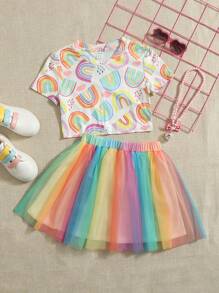 SHEIN 小女童滿版彩虹印花T恤和撞色網紗半身裙 - 彩色 - 查看 1