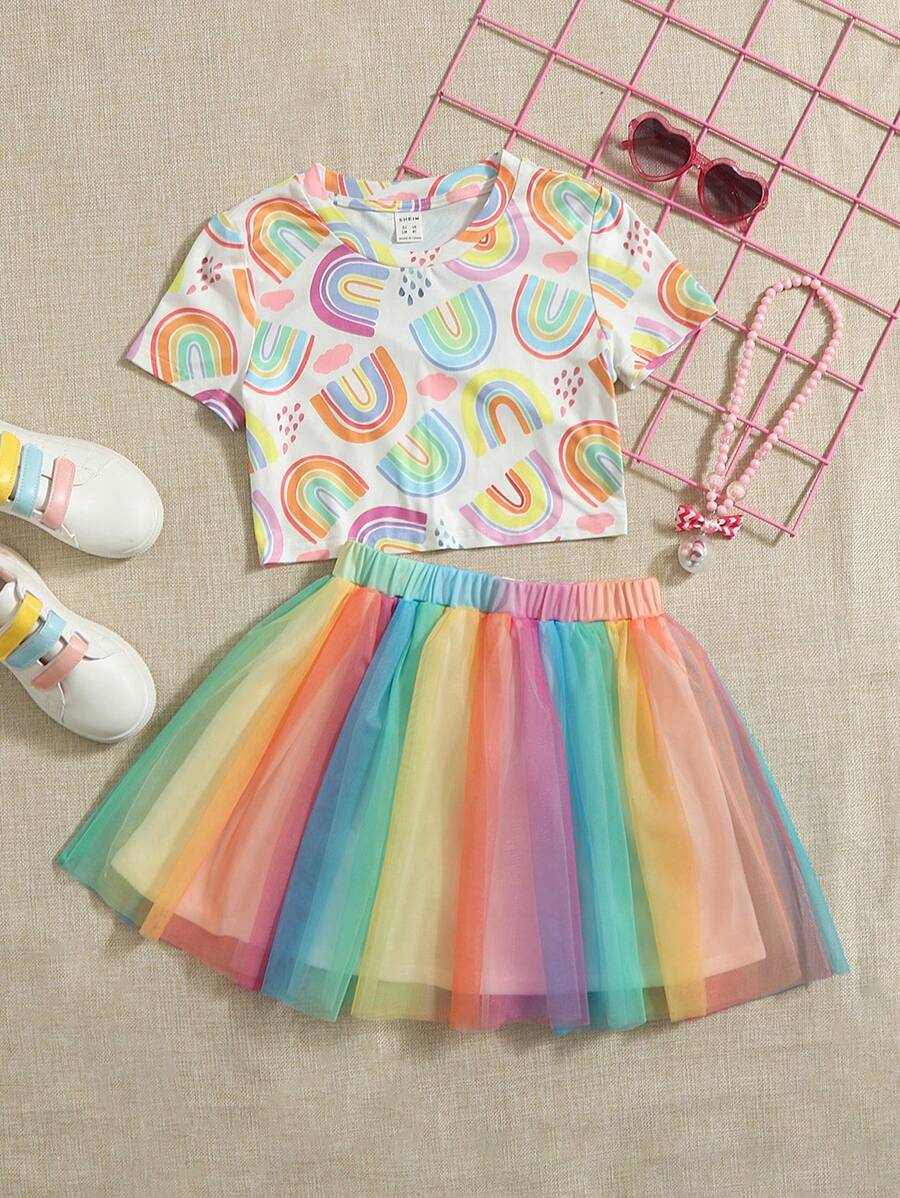 SHEIN 小女童滿版彩虹印花T恤和撞色網紗半身裙 - 彩色 - 查看 1