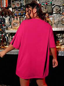 SHEIN EZwear 大碼字母圖案落肩T恤 - 玫紅色 - 查看 2