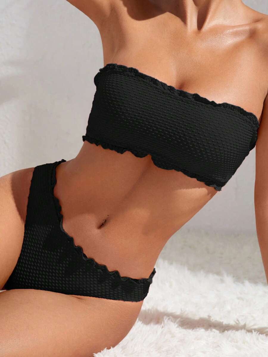 SHEIN Swim Summer Beach Lettuce Trim Bandeau Bikini Set