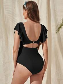 SHEIN Summer Maternity Twist Cut Out Ruffle Trim One Piece Swimsuit - Black - View 2