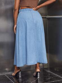 SHEIN Essnce váy ngắn denim kích thước lớn Túi Nút phía trước màu trơn - Rửa nhẹ - Xem 2