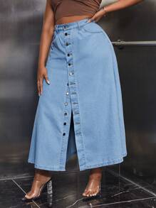 SHEIN Essnce váy ngắn denim kích thước lớn Túi Nút phía trước màu trơn - Rửa nhẹ - Xem 4