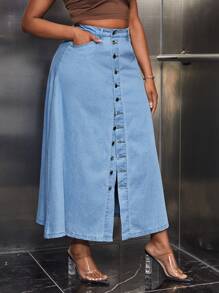 SHEIN Essnce váy ngắn denim kích thước lớn Túi Nút phía trước màu trơn - Rửa nhẹ - Xem 5