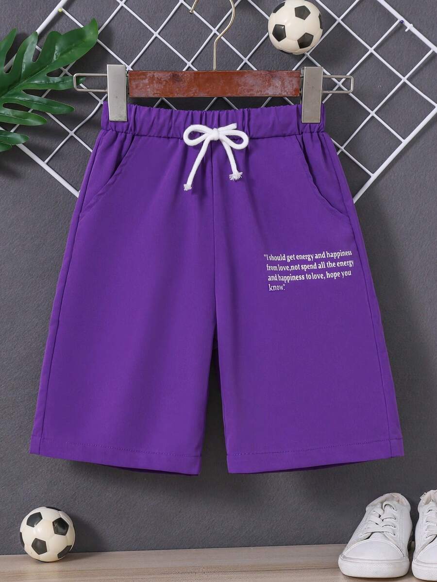 SHEIN 男孩標語圖案腰部抽繩短褲 - 紫羅蘭色 - 查看 1