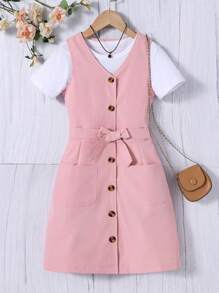 Tween Girl Button Front Dual Pocket Belted Dress Without Tee - Pink - View 4