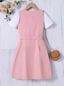 Tween Girl Button Front Dual Pocket Belted Dress Without Tee - Pink - View 2