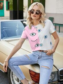 SHEIN Unity Eye Print Two Tone Tee - Baby Pink - View 1