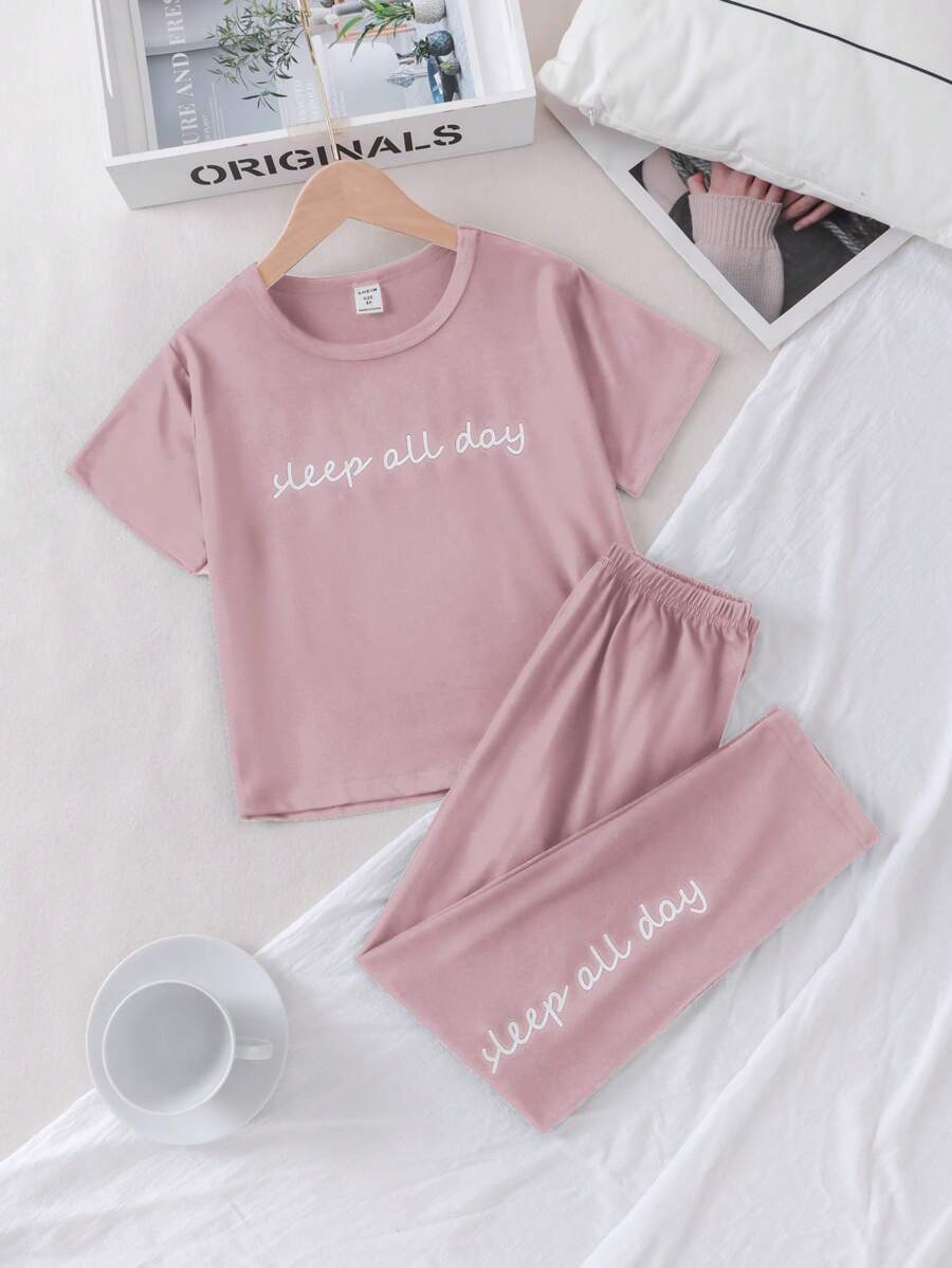 Bộ đồ mặc nhà in chữ cho bé gái tuổi teen - Bụi hồng - Xem 1