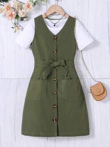 女孩1入組雙口袋前紐扣無袖繫腰帶洋裝 - 軍綠色 - 查看 1