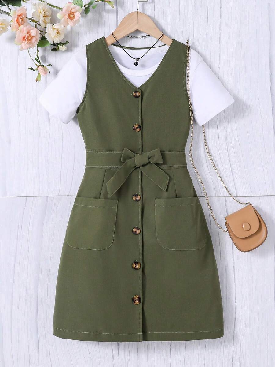 女孩1入組雙口袋前紐扣無袖繫腰帶洋裝 - 軍綠色 - 查看 1