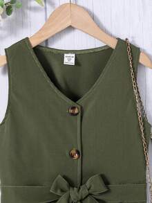 女孩1入組雙口袋前紐扣無袖繫腰帶洋裝 - 軍綠色 - 查看 5