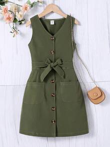女孩1入組雙口袋前紐扣無袖繫腰帶洋裝 - 軍綠色 - 查看 7