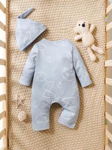 SHEIN 男嬰卡通圖案拉鏈開襟連體睡衣 - 灰色 - 查看 2