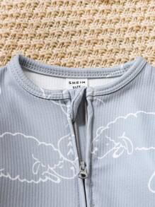 SHEIN 男嬰卡通圖案拉鏈開襟連體睡衣 - 灰色 - 查看 6