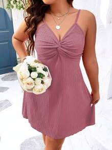 SHEIN Holidaya Đầm Plus Size xoắn lại màu trơn Giải trí - Bụi hồng - Xem 3