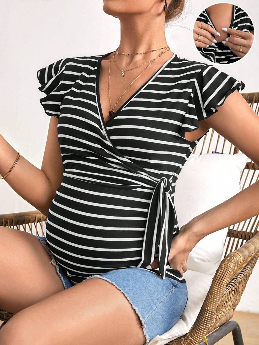 SHEIN 孕婦哺乳條紋印花蝴蝶袖側打結圍裹T恤