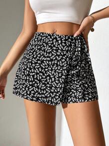 SHEIN PETITE Váy mùa hè in hoa Ditsy quấn bên hông váy mùa hè - màu đen - Xem 7