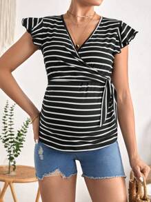 SHEIN 孕婦哺乳條紋印花蝴蝶袖側打結圍裹T恤