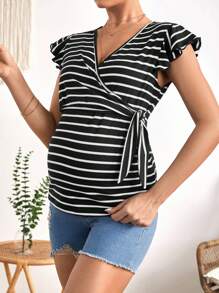 SHEIN 孕婦哺乳條紋印花蝴蝶袖側打結圍裹T恤