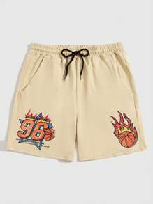 ROMWE MEN Quần Short Nam Dây kéo Túi Thắt nơ trước Đồ họa Lá thư Giải trí - Màu Khaki - Xem 1