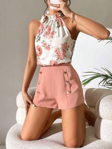 SHEIN PETITE Bộ đồ hai mảnh nữ Nút đôi Thắt nút Hoa Boho - Hồng - Xem 2