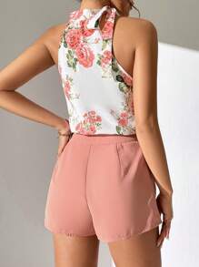 SHEIN PETITE Bộ đồ hai mảnh nữ Nút đôi Thắt nút Hoa Boho - Hồng - Xem 3