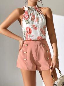 SHEIN PETITE Bộ đồ hai mảnh nữ Nút đôi Thắt nút Hoa Boho - Hồng - Xem 5